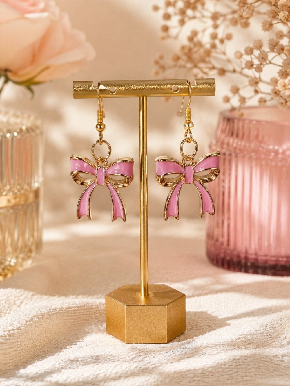 Pink Bow Dangle Earrings | Gold Tone Coquette Bow Earrings | Cute Feminine